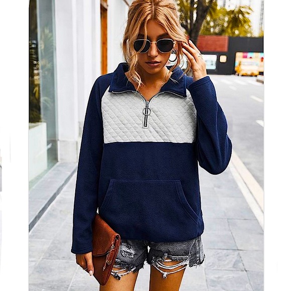 Penna&Pine Tops - Navy Blue 1/4 Zip Cozy Quilted Pullover Sweater